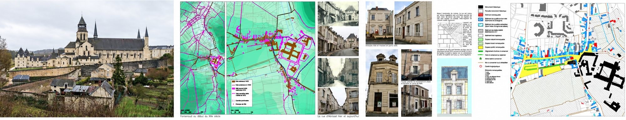 Panorama composé d'une abbaye sur une colline, de cartes urbaines colorées, de photos de rues anciennes et de façades, avec légende et plan final.