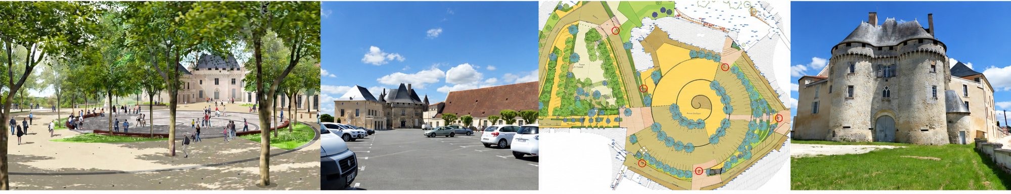 Quatre vues d'un projet d'aménagement : une perspective d'esquisse de place arborée, un parking devant un château, un plan paysager en spirale et la façade d'un château à tourelles.