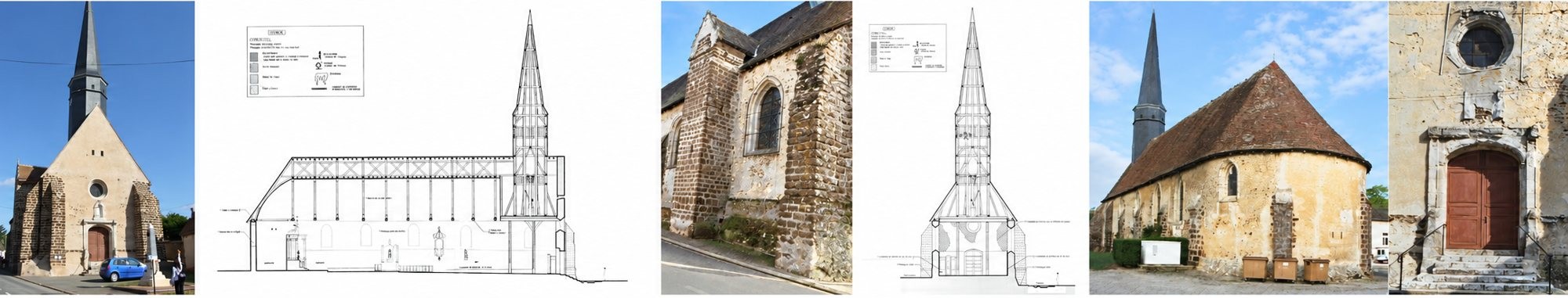 Montage de six images montrant une église en pierre à clocher pointu, vue de face, de côté et de près, avec deux plans en coupe de la charpente et du clocher.