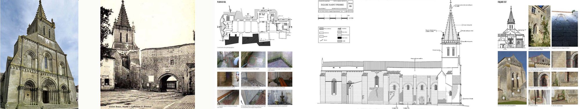 Planche de présentation d'une église romane montrant sa façade, une carte postale ancienne, des plans au sol, une élévation et des photos de détails.