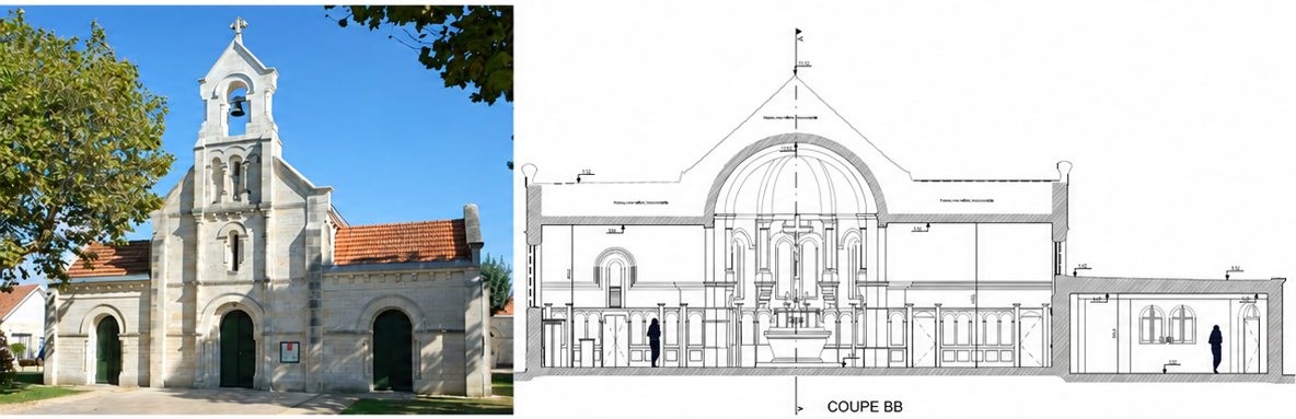 À gauche, la façade en pierre d'une chapelle avec clocher et toit de tuiles ; à droite, le plan en coupe BB de l'édifice.