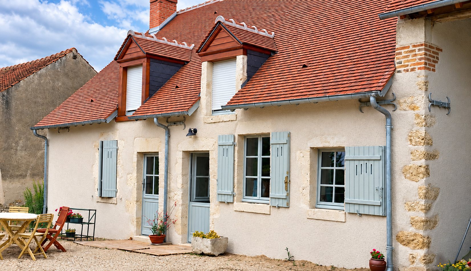 Façade d'une maison de campagne rénovée aux murs clairs, aux volets gris-bleu et aux lucarnes en bois, sous un toit de tuiles rouges.
