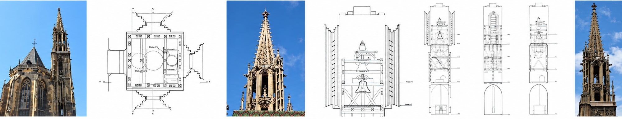 Montage de photos d'une flèche de cathédrale gothique sur ciel bleu, accompagnées de plans architecturaux détaillant la structure du clocher et de sa cloche.