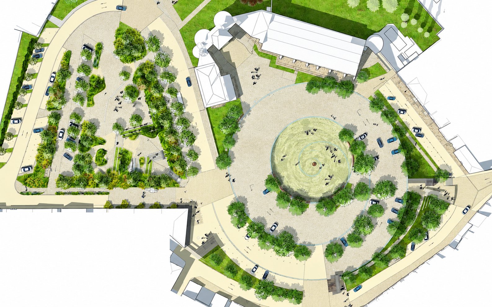 Vue aérienne d'un plan d'aménagement paysager montrant une place circulaire entourée d'arbres, un parking planté et des bâtiments voisins.