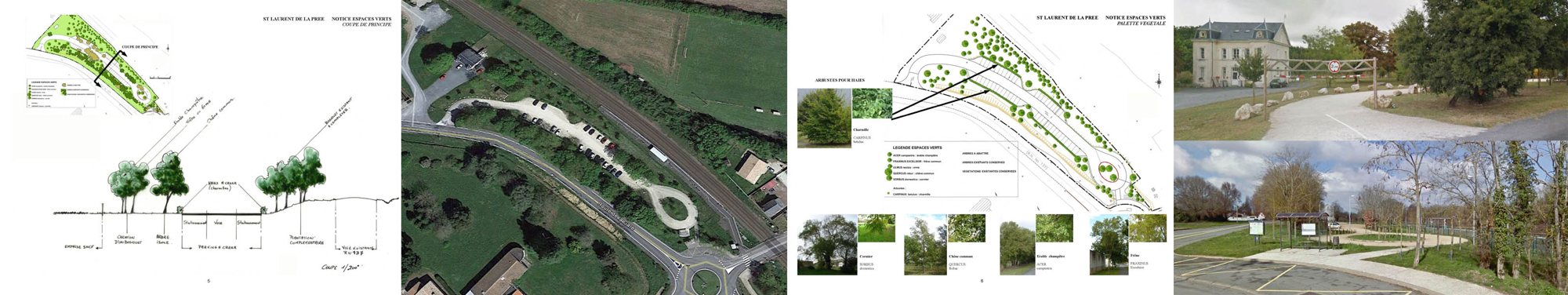 Montage de plans d'aménagement paysager, d'une vue aérienne du site et de photos d'un espace vert avec chemin et parking.