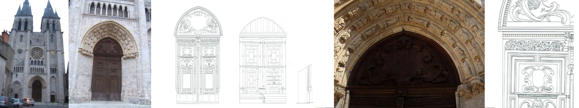 Montage de photos d'un portail de cathédrale en bois sculpté, accompagnées de plans dessinés de la porte et de ses ornements.