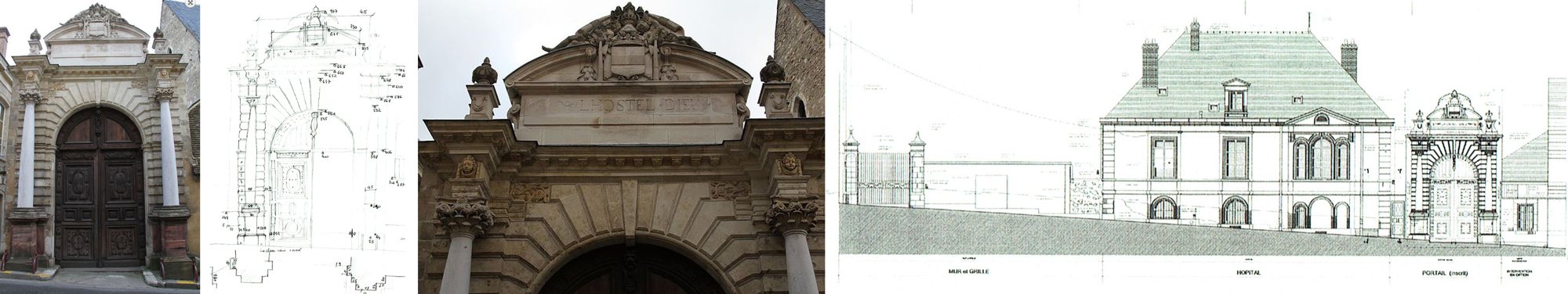 Quatre vues d'un portail ancien en pierre sculptée : photo de la façade, croquis annoté, gros plan du fronton et plan d'élévation d'un hôtel particulier avec son portail.
