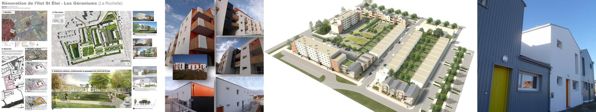 Panneau de présentation et vues d'architecture du projet de rénovation de l'îlot Saint-Éloi, avec plans, perspective aérienne et photos d'immeubles et de maisons.