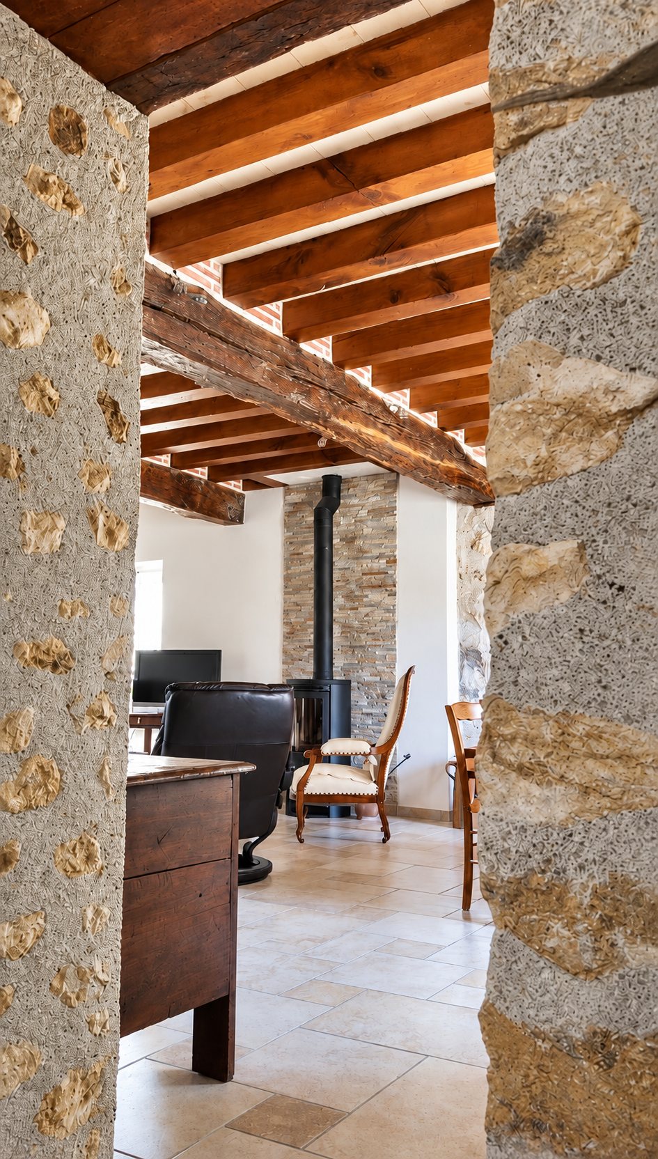 Vue à travers une ouverture en pierre sur un salon avec poutres en bois, poêle à bois noir, fauteuils anciens et sol en carrelage clair.