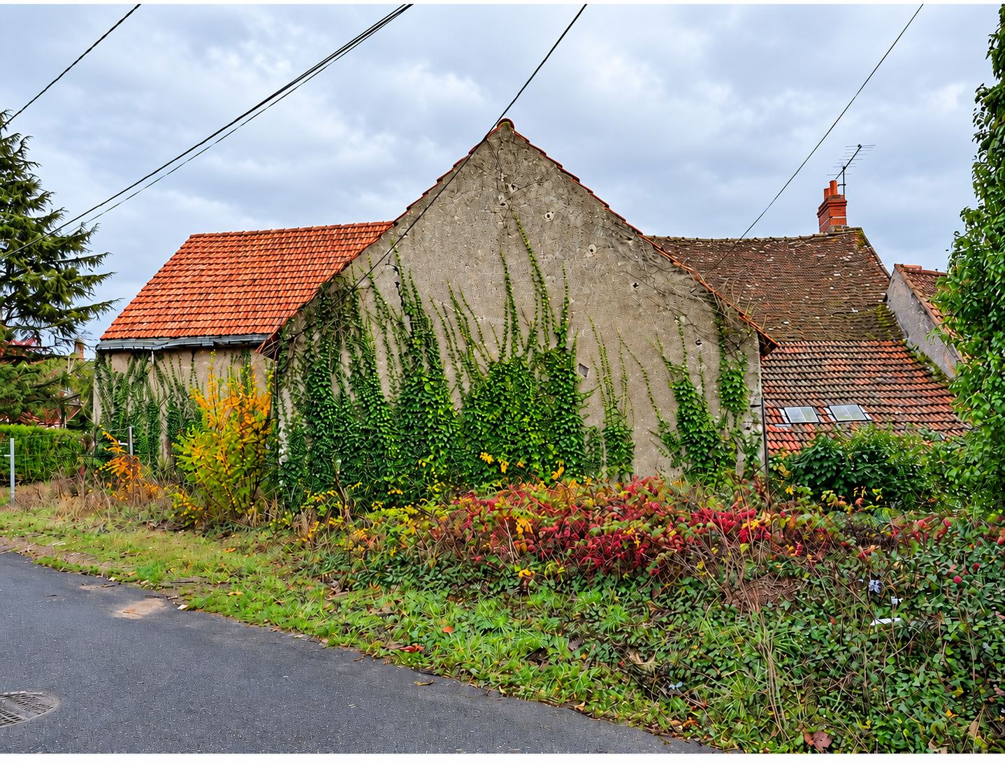 Une ancienne maison de campagne au pignon gris couvert de lierre et aux toits de tuiles rouges, bordée d'une route et de végétation automnale.
